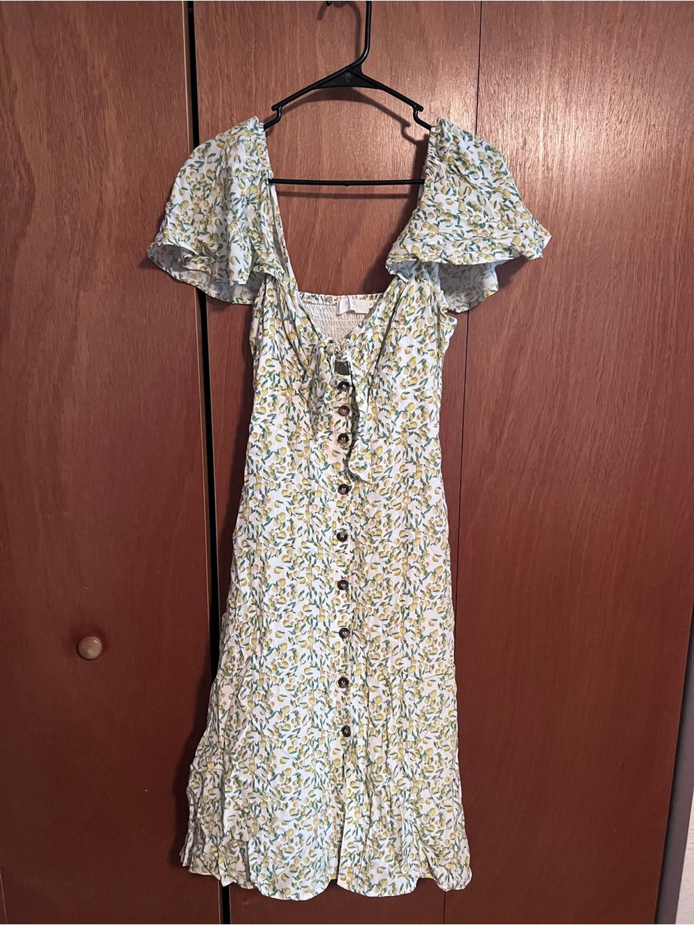 Astr Floral Button-Front White Midi Dress with Green Leaf Print